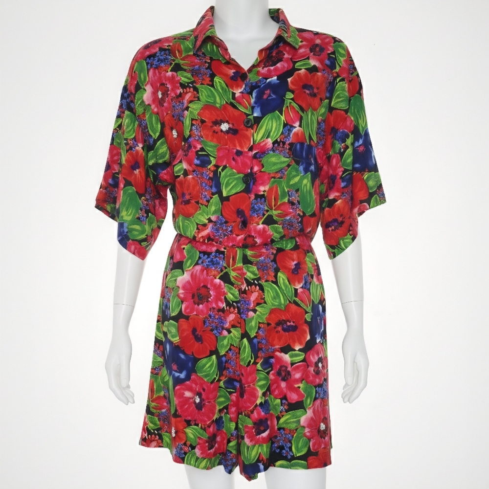 S.Roberts Size L/XL Floral Vintage Button-Up Romper Beaded Bold Shorts Pockets